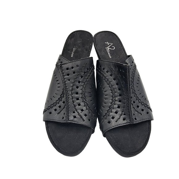Aerosoles A3 Womens Size 7 Wedge Slip on Shoes Mule Faux Leather Peep Toe Sandal - Picture 1 of 8